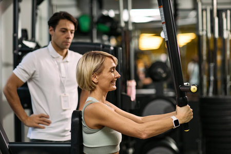 Caucasian young adult woman performing strength training exercise on resistance machine under...