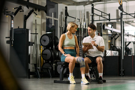Caucasian young adult woman with knee brace sitting on bench talking to Caucasian young adult male...