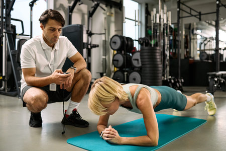 Caucasian young adult woman performing plank exercise on yoga mat, while Caucasian young adult man...