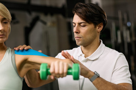 Caucasian middle aged man assisting Caucasian middle aged woman with resistance exercise using...