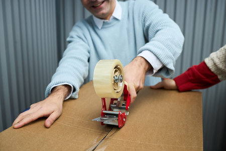 Caucasian middle aged man sealing cardboard box with packing tape dispenser while another assisting,...