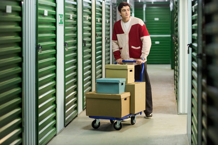 Young adult Caucasian man pushing cart loaded with cardboard boxes through corridor of self storage...