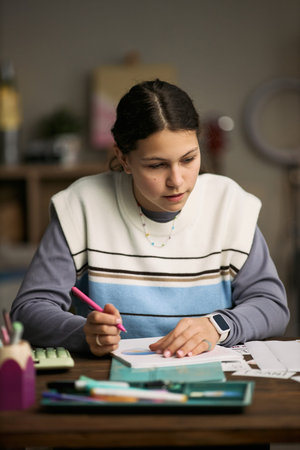Vertical of teenage Caucasian girl sitting at desk studying with pen in hand, focusing on writing in...