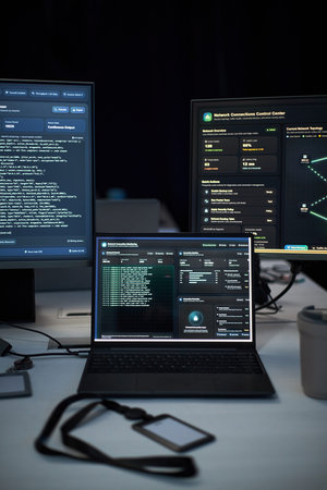 Close up of laptop and monitors displaying network security dashboards, coding and system analytics in IT workspace. Supporting cybersecurity, data protection, SOC marketing