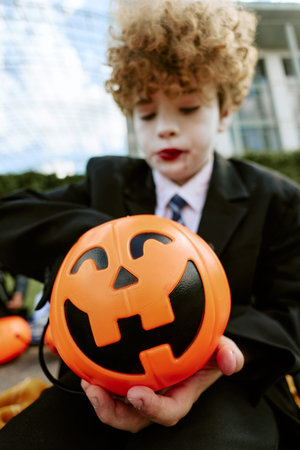 Vertical shot of Caucasian male child holding plastic pumpkin bucket celebrating Halloween outdoors. Concept represents seasonal festivities suitable for autumn holiday marketing