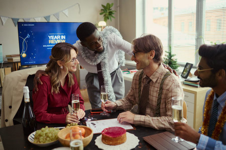 Diverse group of multiethnic young adult colleagues celebrating corporate success, holding champagne glasses in office. Suitable for team building and business party campaigns