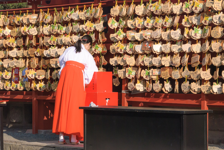 Back of a pretty Japanese girl in beautiful atmosphere. This picture has soft focus.のeditorial素材
