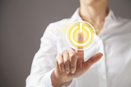 Businesswoman in front of visual touch screen.の写真素材