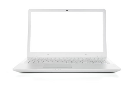 White portable computer with clipping path. Front view. Clipping Path for the Laptop and screen.の写真素材