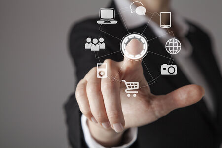 Businesswoman in front of visual touch screen.の写真素材