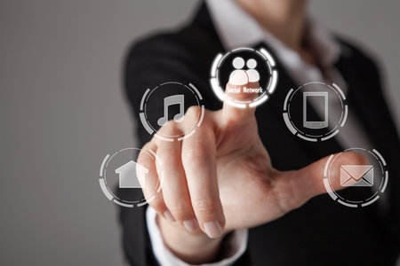 Businesswoman in front of visual touch screen.の写真素材