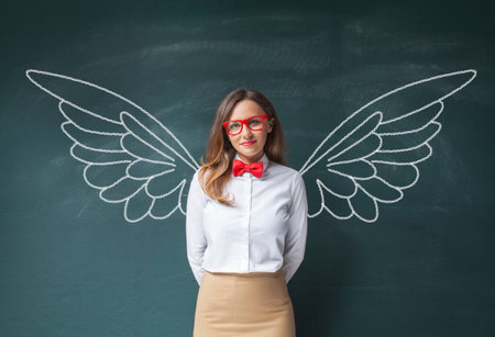 Young smiling woman teacher or student angel with chalk wings on blackboardの写真素材