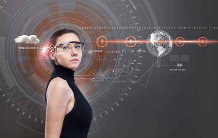 Beautiful woman with futuristic smart glasses