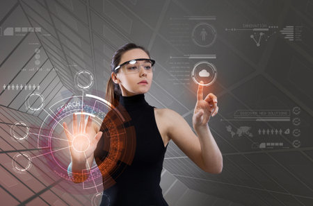 Woman with black dress with digital touchscreen