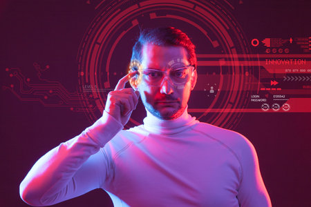 Young man looking at virtual graphics in futuristic background