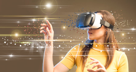 Digital screen with young woman using a VR headset.Future technology and people concept. Woman in...