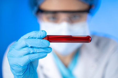 Technician holding blood tube test in the research laboratory. Coronavirus testing. Doctor taking a...