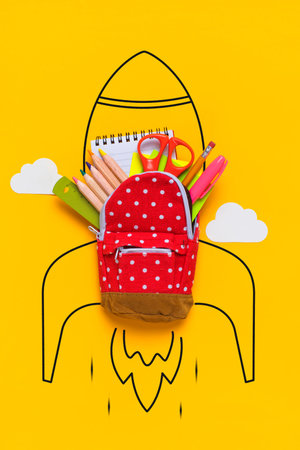 Back to school concept with miniature backpack, school supplies and rocket on yellow background.