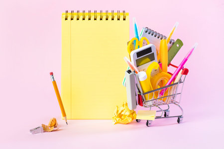 Shopping cart with school supplies on the pink background. Back to school