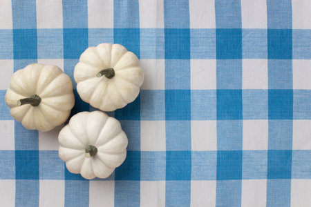 Happy halloween holiday concept. White pumpkins on tablecloth background. Halloween party greeting card mockup with copy space. Flat lay, top view, overhead.の写真素材