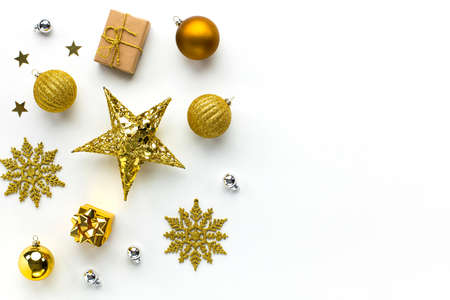 Christmas balls, snowflakes and Christmas ornament on white backgroundの写真素材