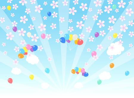 Cherry blossoms and balloons in the skyのイラスト素材