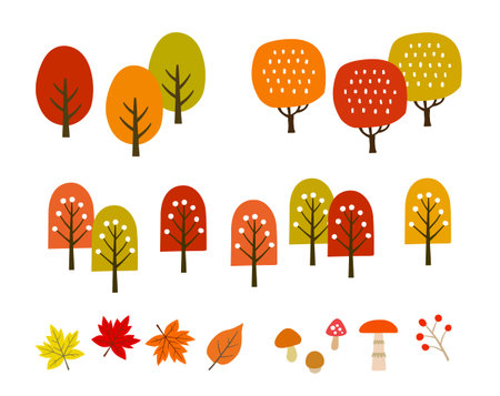 Autumn leaves and trees icon set (hand drawn)のイラスト素材