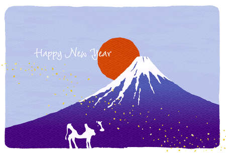 New Year's card of Ox by Mt. Fuji and sunrise with retro Japanese style illustrationの写真素材