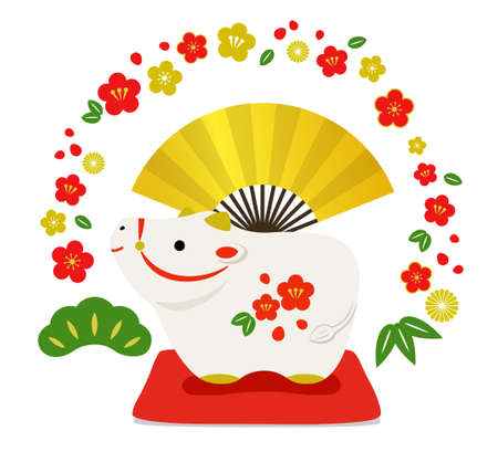 New Year's card material for ox figurines and decorative ring frameのイラスト素材