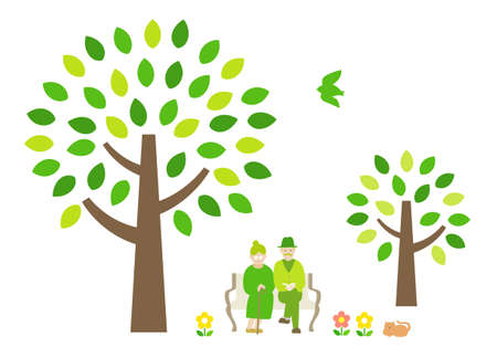 Senior couple sitting on a park benchのイラスト素材