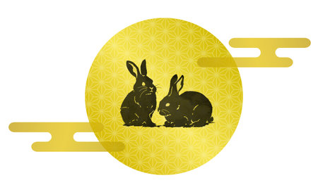 Japanese style illustration material of rabbit, moon and cloudのイラスト素材