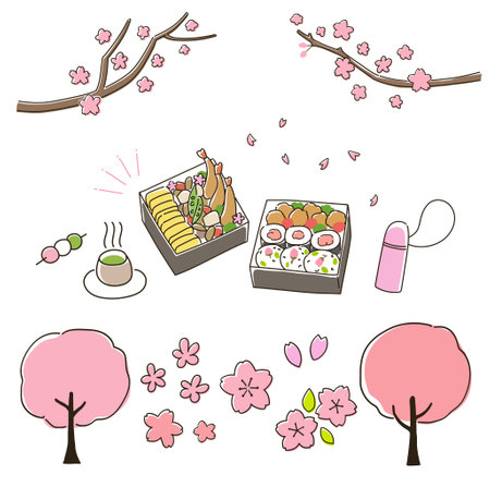 Cherry blossom and cherry blossom viewing hand drawn icon setのイラスト素材