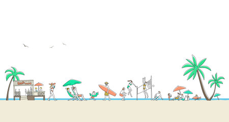 landscape of people having fun on the beach in summerのイラスト素材