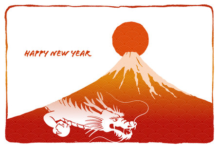 New Year's card template with dragon, Mt. Fuji, and sunriseの写真素材