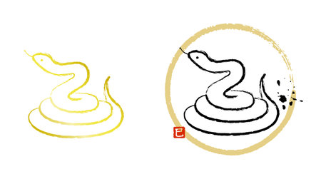 A New Year's card material for the Snake Year, featuring a line drawing of a roosting snake with a brush texture.のイラスト素材