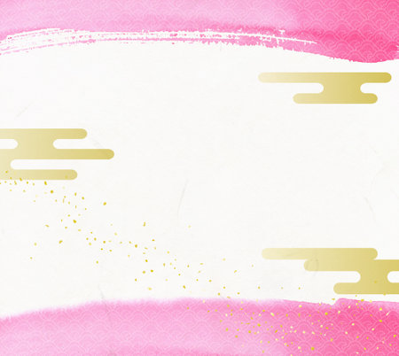 Japanese paper background frame with pink watercolor texture and cloudsの写真素材