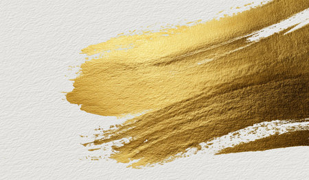 Gold paint brush stroke on white paper background. Abstract grunge backgroundの素材