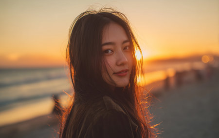 Portrait of a beautiful Asian woman on the beach at sunset.の素材