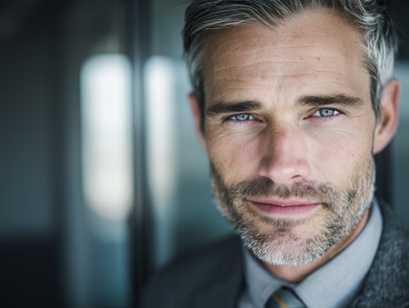 Intelligent businessman smiling modern office backgroundの素材