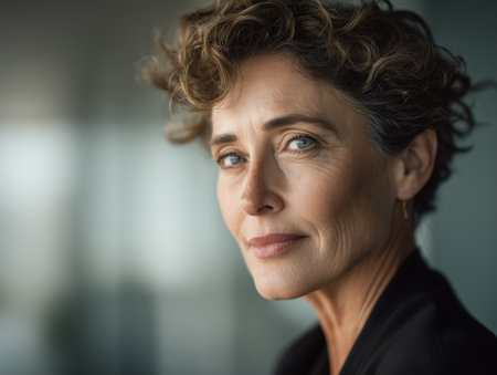 Intelligent career woman smiling modern office backgroundの素材