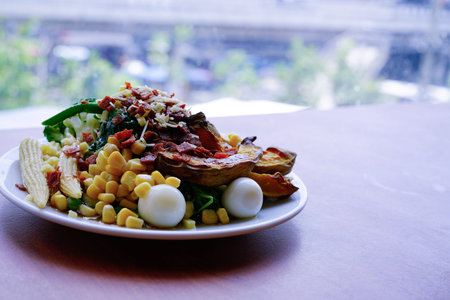 Salad dressing on the tableの写真素材