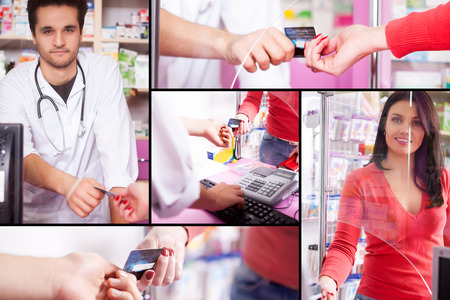 Collage with customer paying in pharmacy. Paying for healthcare services. Healthcare businessの写真素材