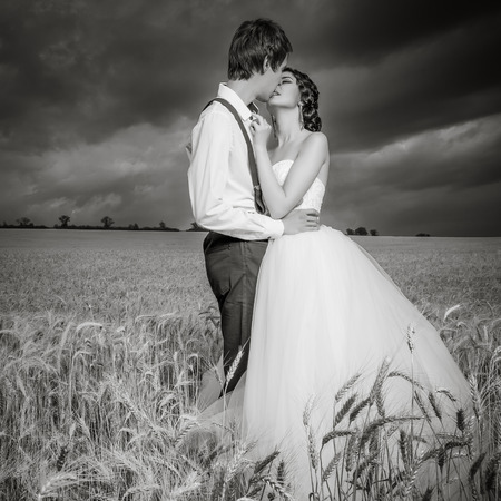Young married couple in wheat field with beautiful blue sky. Brige and groom. Young happy family. Love and emotions. black and whiteの写真素材