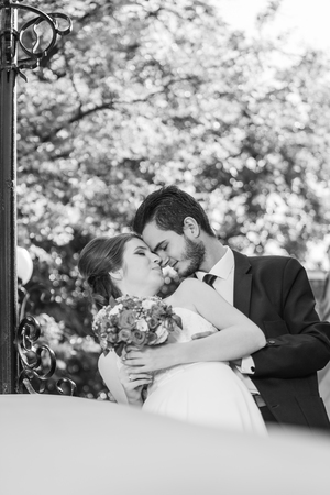 Black and white photo of just married couple. Bride and groom. Wedding dress. Wedding photoの写真素材
