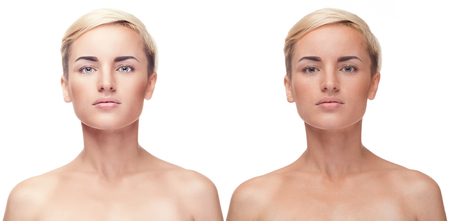 Before after concept of make up usage.Studio photos. Simply and healthy beauty. Before/after conceptの写真素材