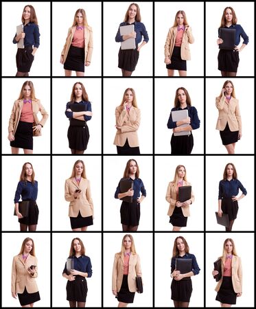 Collage of two business woman on white background. Woman with laptop or folder in collageの写真素材