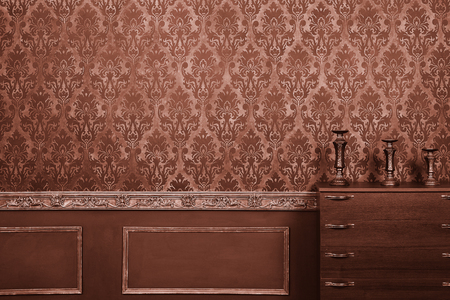 Three vintage candle holders in retro rococo style room. Baroc period. Originality and style. Rich vintage patternの写真素材
