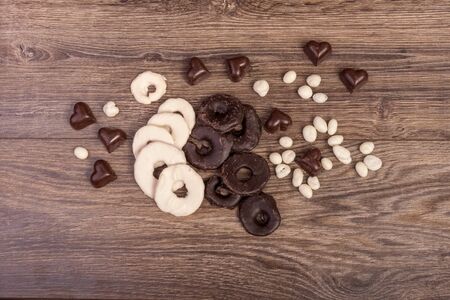 Organic chocolate on wooden background in studio photoの写真素材