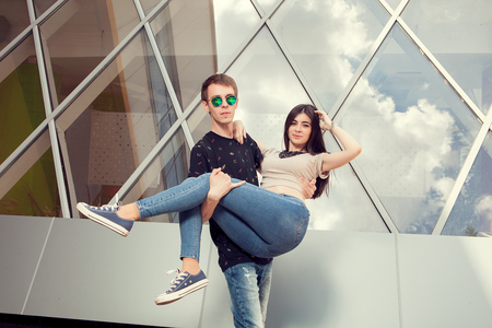Couple having fun outside. Inlove boyfriend and girlfriendの写真素材