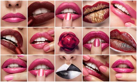 Collage of lips in close up photos. Love and luxury. Cosmetics and make upの写真素材